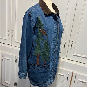 Cabin Creek denim Jacket with Tree snowman Appliqué
